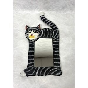 Hand Painted Wood Cat Mirror Black Tabby Wall Decor Folk Art Indonesia 12" x 5''